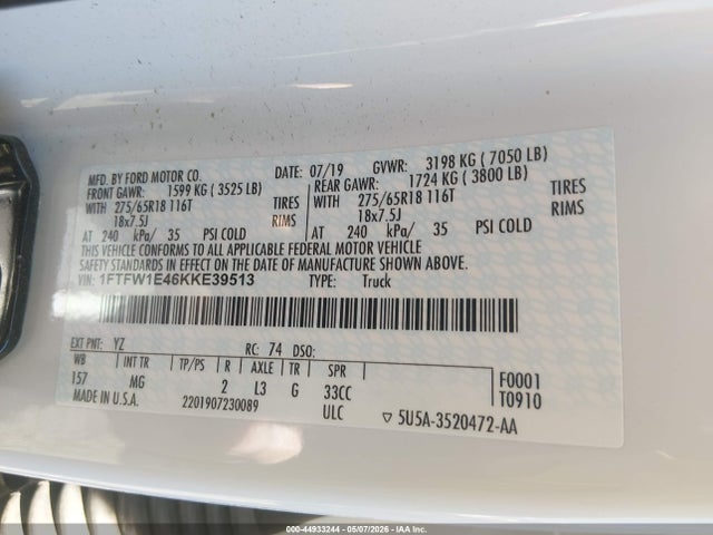 1FTFW1E46KKE39513 Ford F-150 Xlt