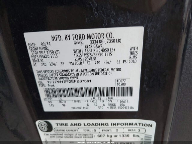 44933246 :رقم المزاد ، 1FTFW1EF2EFB07681 vin ، 2014 Ford F-150 Platinum مزاد بيع