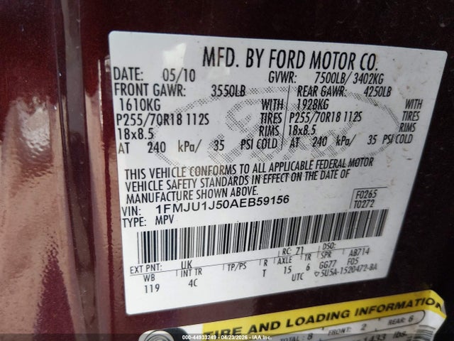 2010 Ford Expedition Eddie Bauer/king Ranch მანქანა იყიდება აუქციონზე, vin: 1FMJU1J50AEB59156, აუქციონის ნომერი: 44933249