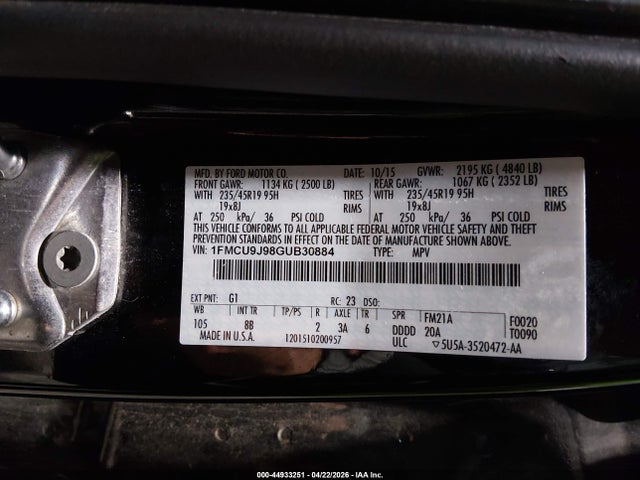 Продажа на аукционе авто 2016 Ford Escape Titanium, vin: 1FMCU9J98GUB30884, номер лота: 44933251