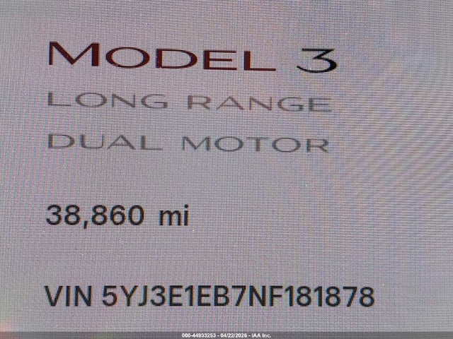 2022 Tesla Model 3 Long Range Dual Motor All-wheel Drive მანქანა იყიდება აუქციონზე, vin: 5YJ3E1EB7NF181878, აუქციონის ნომერი: 44933253