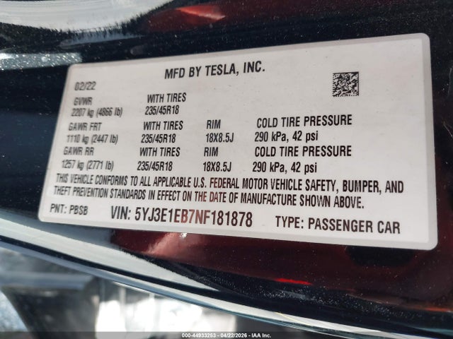 2022 Tesla Model 3 Long Range Dual Motor All-wheel Drive მანქანა იყიდება აუქციონზე, vin: 5YJ3E1EB7NF181878, აუქციონის ნომერი: 44933253