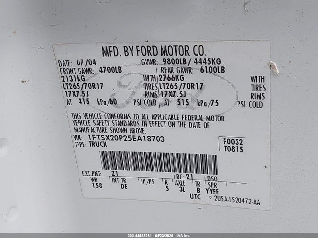 Aukcja sprzedaży 2005 Ford F-250 Lariat/xl/xlt, vin: 1FTSX20P25EA18703, numer aukcji: 44933261