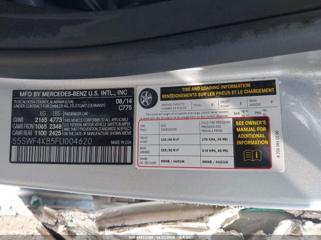 44933265 :رقم المزاد ، 55SWF4KB5FU004620 vin ، 2015 Mercedes-benz C 300 4matic مزاد بيع