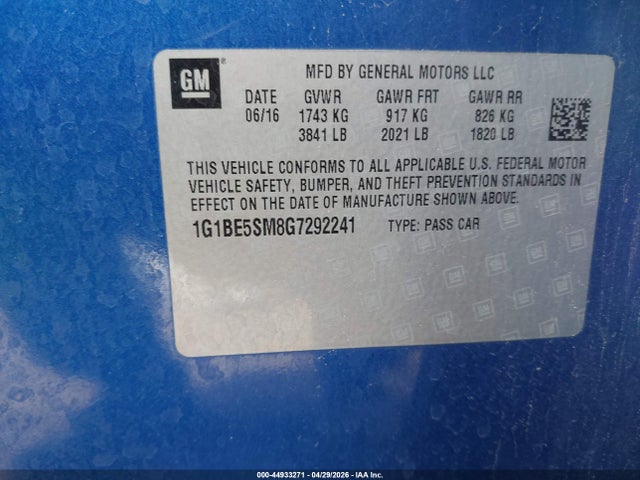 44933271 :رقم المزاد ، 1G1BE5SM8G7292241 vin ، 2016 Chevrolet Cruze Lt Auto مزاد بيع