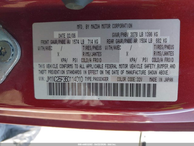 2006 Mazda Mx-5 Touring მანქანა იყიდება აუქციონზე, vin: JM1NC25F360114010, აუქციონის ნომერი: 44933282