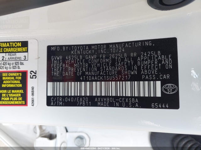 Продажа на аукционе авто 2025 Toyota Camry Se, vin: 4T1DAACK1SU557217, номер лота: 44933284