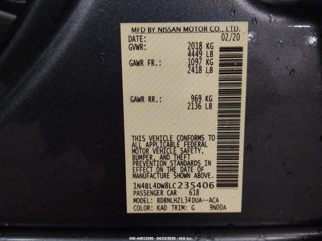 Продаж на аукціоні авто 2020 Nissan Altima Sv Intelligent Awd, vin: 1N4BL4DW8LC235406, номер лоту: 44933290