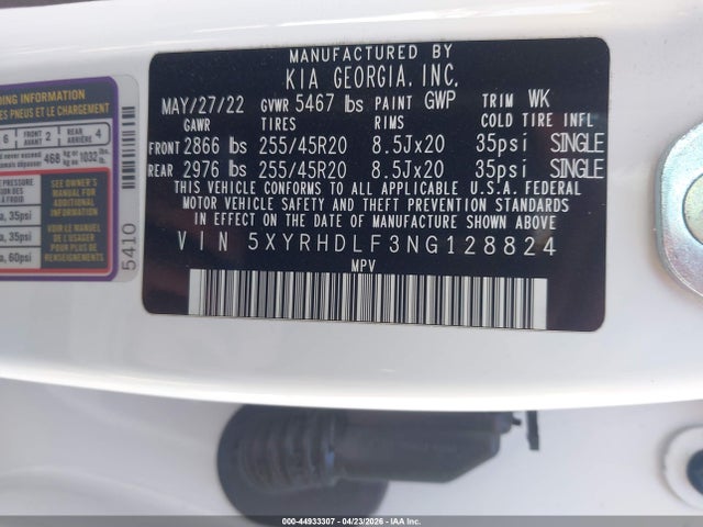 Aukcja sprzedaży 2022 Kia Sorento X-line Ex, vin: 5XYRHDLF3NG128824, numer aukcji: 44933307