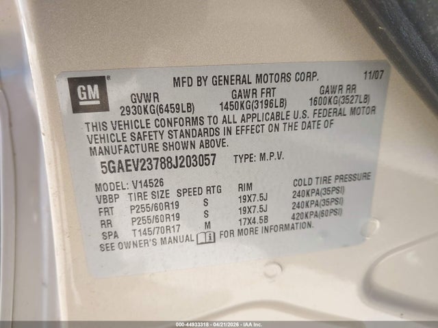 2008 Buick Enclave Cxl მანქანა იყიდება აუქციონზე, vin: 5GAEV23788J203057, აუქციონის ნომერი: 44933318