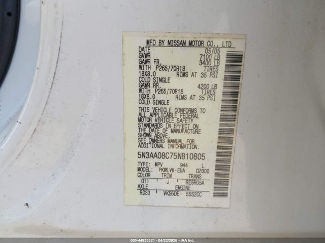 Aukcja sprzedaży 2005 Infiniti Qx56, vin: 5N3AA08C75N810805, numer aukcji: 44933321