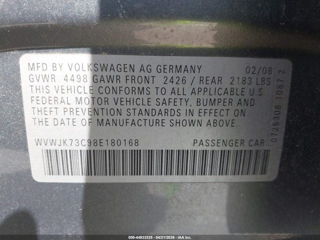 Продажа на аукционе авто 2008 Volkswagen Passat Turbo, vin: WVWJK73C98E180168, номер лота: 44933325