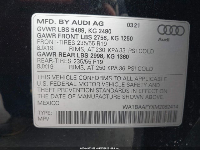 44933327 :رقم المزاد ، WA1BAAFYXM2082414 vin ، 2021 Audi Q5 Premium Plus 45 Tfsi Quattro S Tronic مزاد بيع