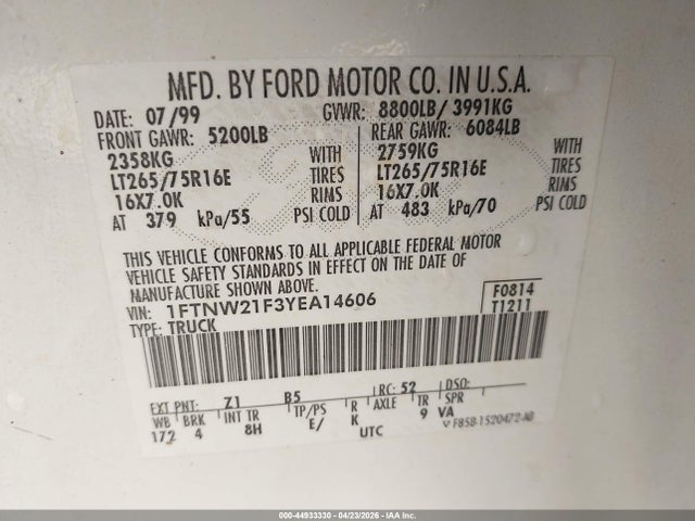 Продаж на аукціоні авто 2000 Ford F-250, vin: 1FTNW21F3YEA14606, номер лоту: 44933330