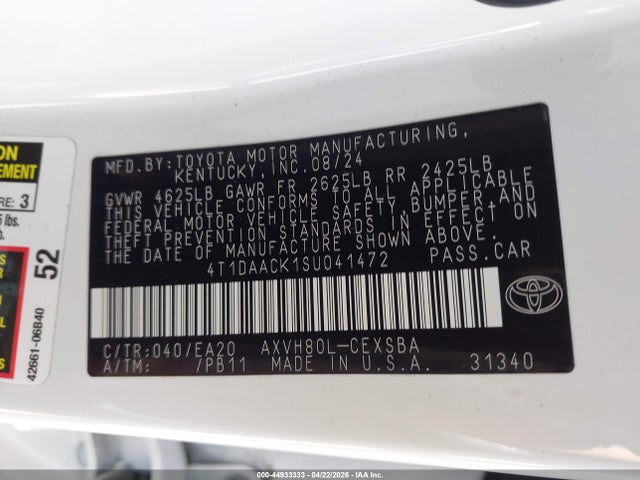 2025 Toyota Camry Se მანქანა იყიდება აუქციონზე, vin: 4T1DAACK1SU041472, აუქციონის ნომერი: 44933333