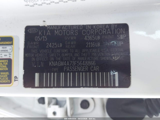 44933334 :رقم المزاد ، KNAGM4A73F5648866 vin ، 2015 Kia Optima Lx مزاد بيع