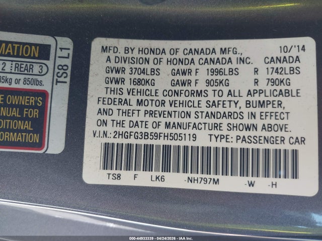 Продажа на аукционе авто 2015 Honda Civic Lx, vin: 2HGFG3B59FH505119, номер лота: 44933339