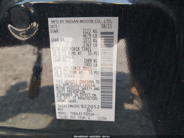 2015 Nissan Rogue Sl მანქანა იყიდება აუქციონზე, vin: 5N1AT2MV3FC922052, აუქციონის ნომერი: 44933340