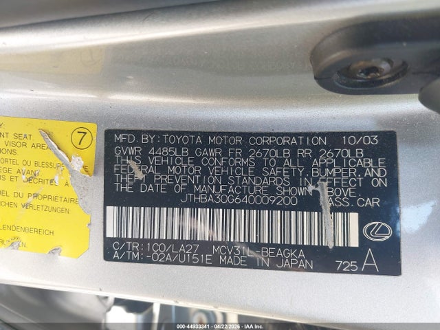 Продажа на аукционе авто 2004 Lexus Es 330, vin: JTHBA30G640009200, номер лота: 44933341
