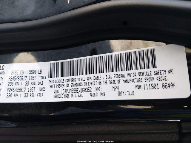 44933343 :رقم المزاد ، 1C4PJMBS9EW160352 vin ، 2014 Jeep Cherokee Trailhawk مزاد بيع
