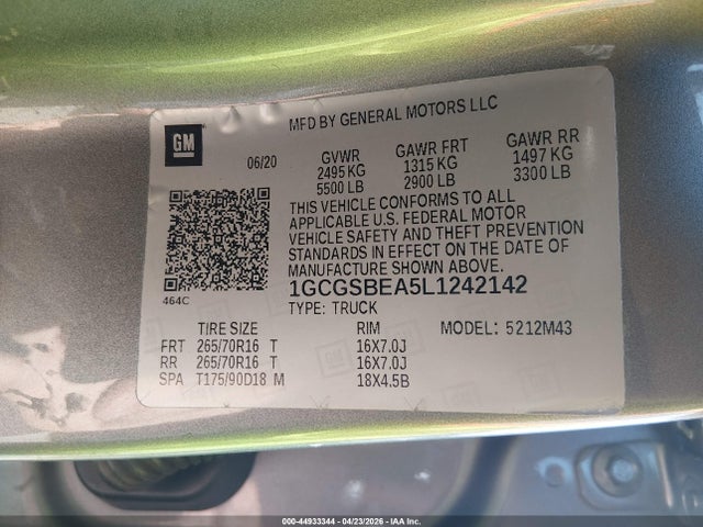 Продажа на аукционе авто 2020 Chevrolet Colorado 2wd  Short Box Wt, vin: 1GCGSBEA5L1242142, номер лота: 44933344