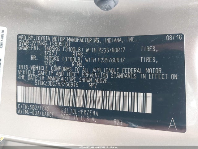 Продажа на аукционе авто 2017 Toyota Sienna Le 8 Passenger, vin: 5TDKZ3DC7HS766949, номер лота: 44933346