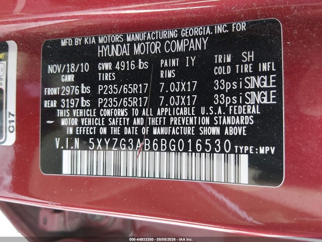 2011 Hyundai Santa Fe Gls მანქანა იყიდება აუქციონზე, vin: 5XYZG3AB6BG016530, აუქციონის ნომერი: 44933350