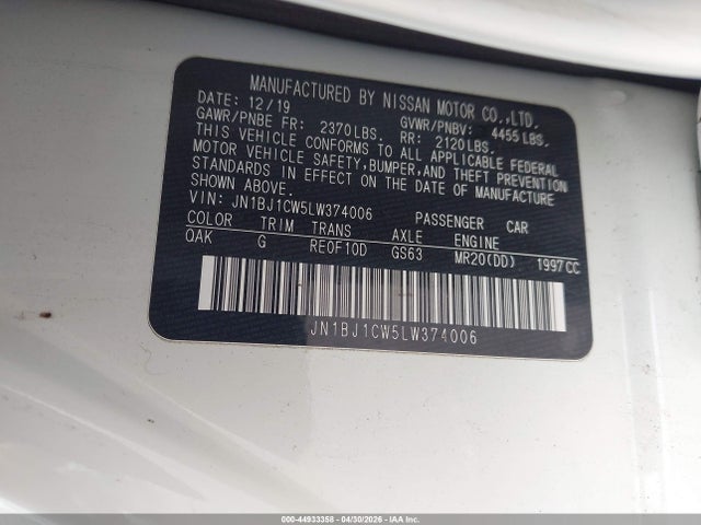44933358 :رقم المزاد ، JN1BJ1CW5LW374006 vin ، 2020 Nissan Rogue Sport S Awd Xtronic Cvt مزاد بيع