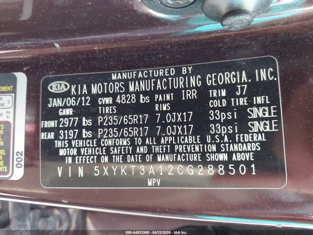 44933360 :رقم المزاد ، 5XYKT3A12CG288501 vin ، 2012 Kia Sorento Lx مزاد بيع
