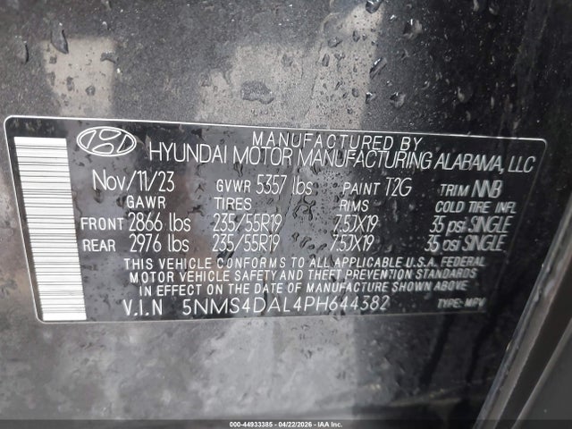 Aukcja sprzedaży 2023 Hyundai Santa Fe Limited, vin: 5NMS4DAL4PH644382, numer aukcji: 44933385