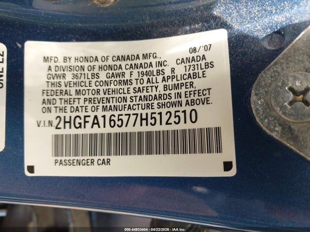 Aukcja sprzedaży 2007 Honda Civic Lx, vin: 2HGFA16577H512510, numer aukcji: 44933404