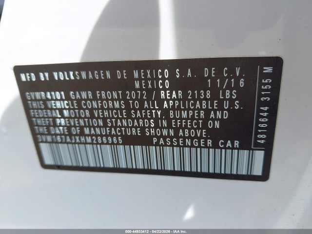 44933412 :رقم المزاد ، 3VW167AJXHM286965 vin ، 2017 Volkswagen Jetta 1.4t S مزاد بيع