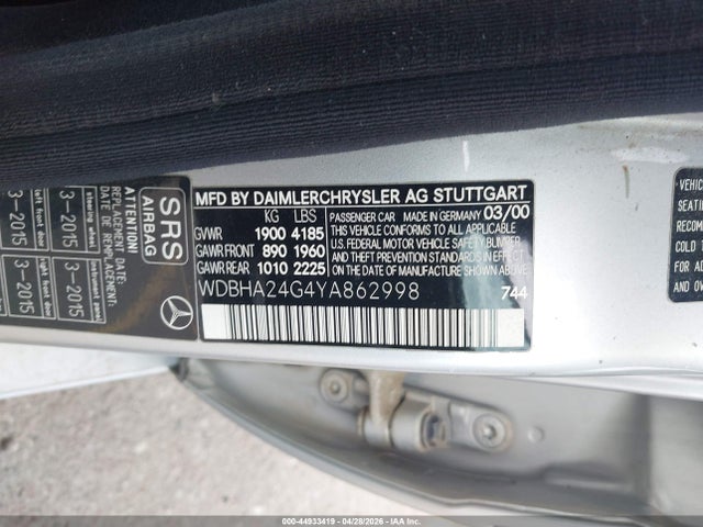 Aukcja sprzedaży 2000 Mercedes-benz C 230 Kompressor, vin: WDBHA24G4YA862998, numer aukcji: 44933419