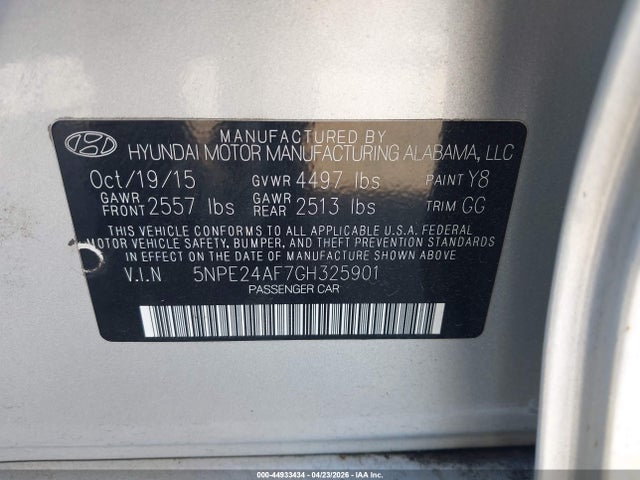 44933434 :رقم المزاد ، 5NPE24AF7GH325901 vin ، 2016 Hyundai Sonata Se مزاد بيع