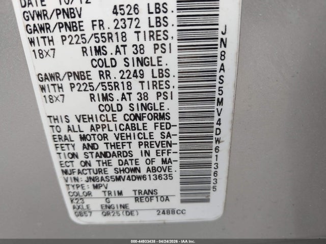 2013 Nissan Rogue Sv W/sl Pkg მანქანა იყიდება აუქციონზე, vin: JN8AS5MV4DW613635, აუქციონის ნომერი: 44933438