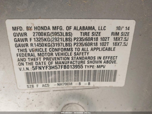 Продажа на аукционе авто 2015 Honda Pilot Ex-l, vin: 5FNYF3H57FB013955, номер лота: 44933441