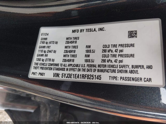5YJ3E1EA1RF825145 Tesla Model 3 Long Range Dual Motor All-wheel Drive/rear-wheel Drive