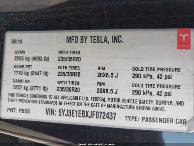 Продаж на аукціоні авто 2018 Tesla Model 3 Long Range/performance, vin: 5YJ3E1EBXJF072437, номер лоту: 44933490