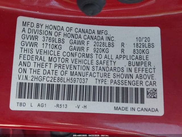 Продаж на аукціоні авто 2020 Honda Civic Sport, vin: 2HGFC2E86LH597037, номер лоту: 44933505