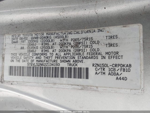 2002 Toyota Tacoma მანქანა იყიდება აუქციონზე, vin: 5TEVL52N62Z134193, აუქციონის ნომერი: 44933508