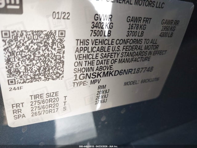 2022 Chevrolet Tahoe 4wd Ls მანქანა იყიდება აუქციონზე, vin: 1GNSKMKD6NR187748, აუქციონის ნომერი: 44933518