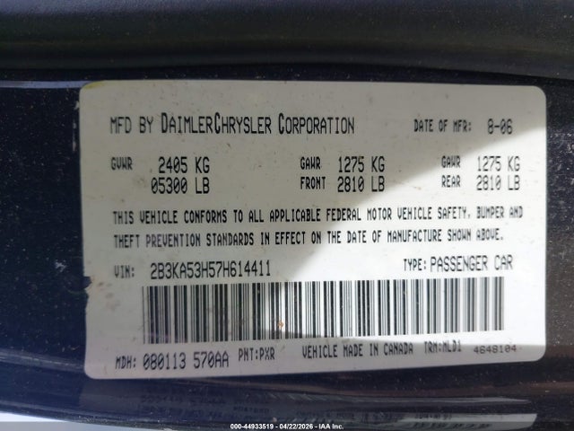 Продажа на аукционе авто 2007 Dodge Charger Rt, vin: 2B3KA53H57H614411, номер лота: 44933519