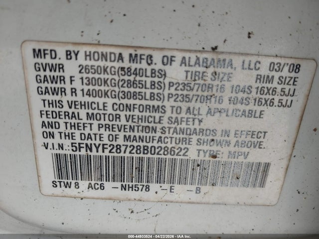 Продаж на аукціоні авто 2008 Honda Pilot Ex-l, vin: 5FNYF28728B028622, номер лоту: 44933524