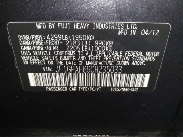 44933529 :رقم المزاد ، JF1GPAH69CH235033 vin ، 2012 Subaru Impreza 2.0i Limited مزاد بيع