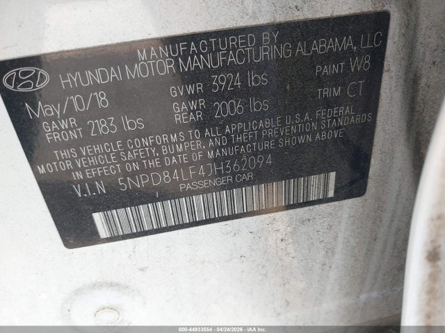 Продаж на аукціоні авто 2018 Hyundai Elantra Sel, vin: 5NPD84LF4JH362094, номер лоту: 44933554