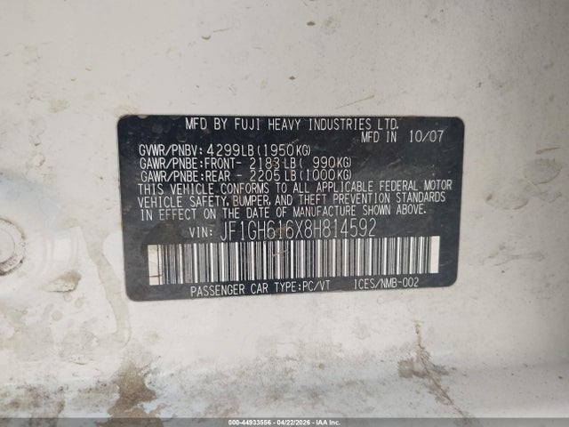 44933556 :رقم المزاد ، JF1GH616X8H814592 vin ، 2008 Subaru Impreza 2.5i مزاد بيع