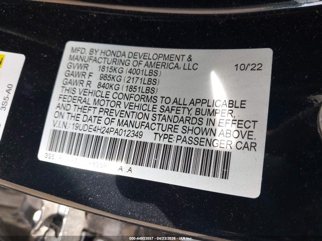 2023 Acura Integra მანქანა იყიდება აუქციონზე, vin: 19UDE4H24PA012349, აუქციონის ნომერი: 44933557
