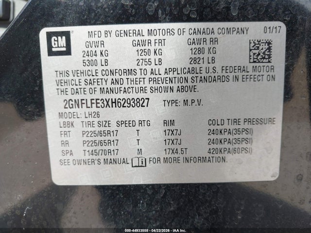 Aukcja sprzedaży 2017 Chevrolet Equinox Lt, vin: 2GNFLFE3XH6293827, numer aukcji: 44933558