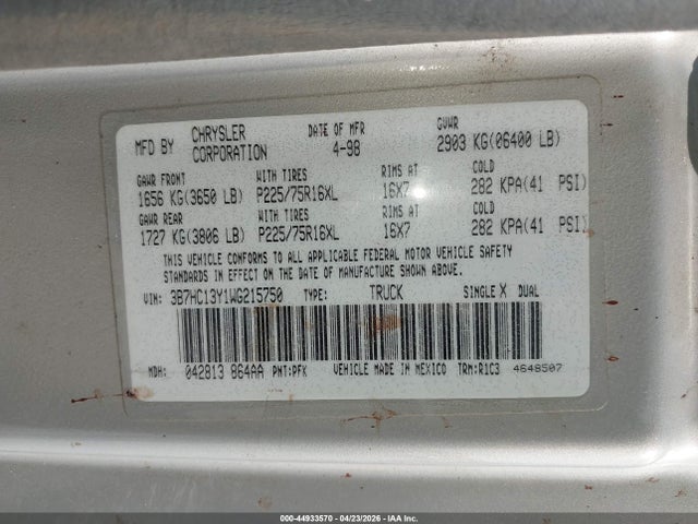 Aukcja sprzedaży 1998 Dodge Ram 1500 St, vin: 3B7HC13Y1WG215750, numer aukcji: 44933570