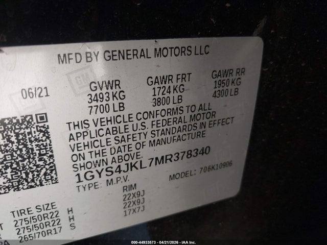 2021 Cadillac Escalade Esv 4wd Luxury მანქანა იყიდება აუქციონზე, vin: 1GYS4JKL7MR378340, აუქციონის ნომერი: 44933573